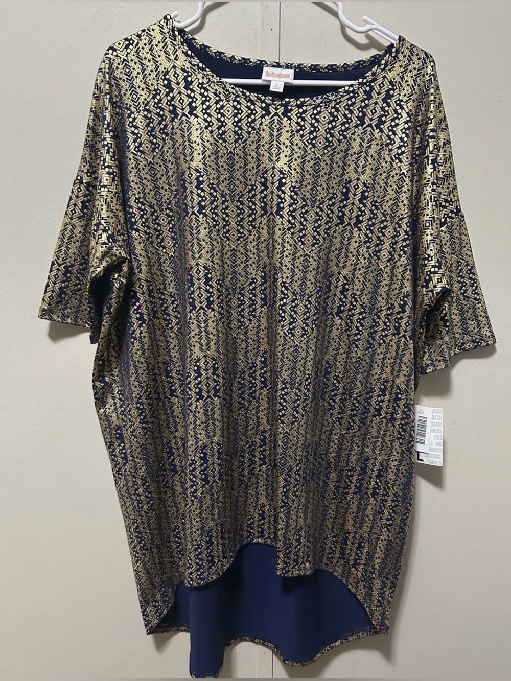 Lularoe “Irma” Gold and Navy Patterned Women’s Top Large NWT